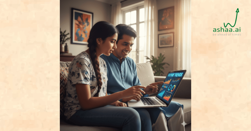 teen exploring future trends on laptop with AI