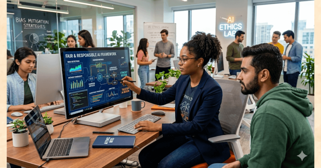 Young AI ethicist reviewing fair AI System